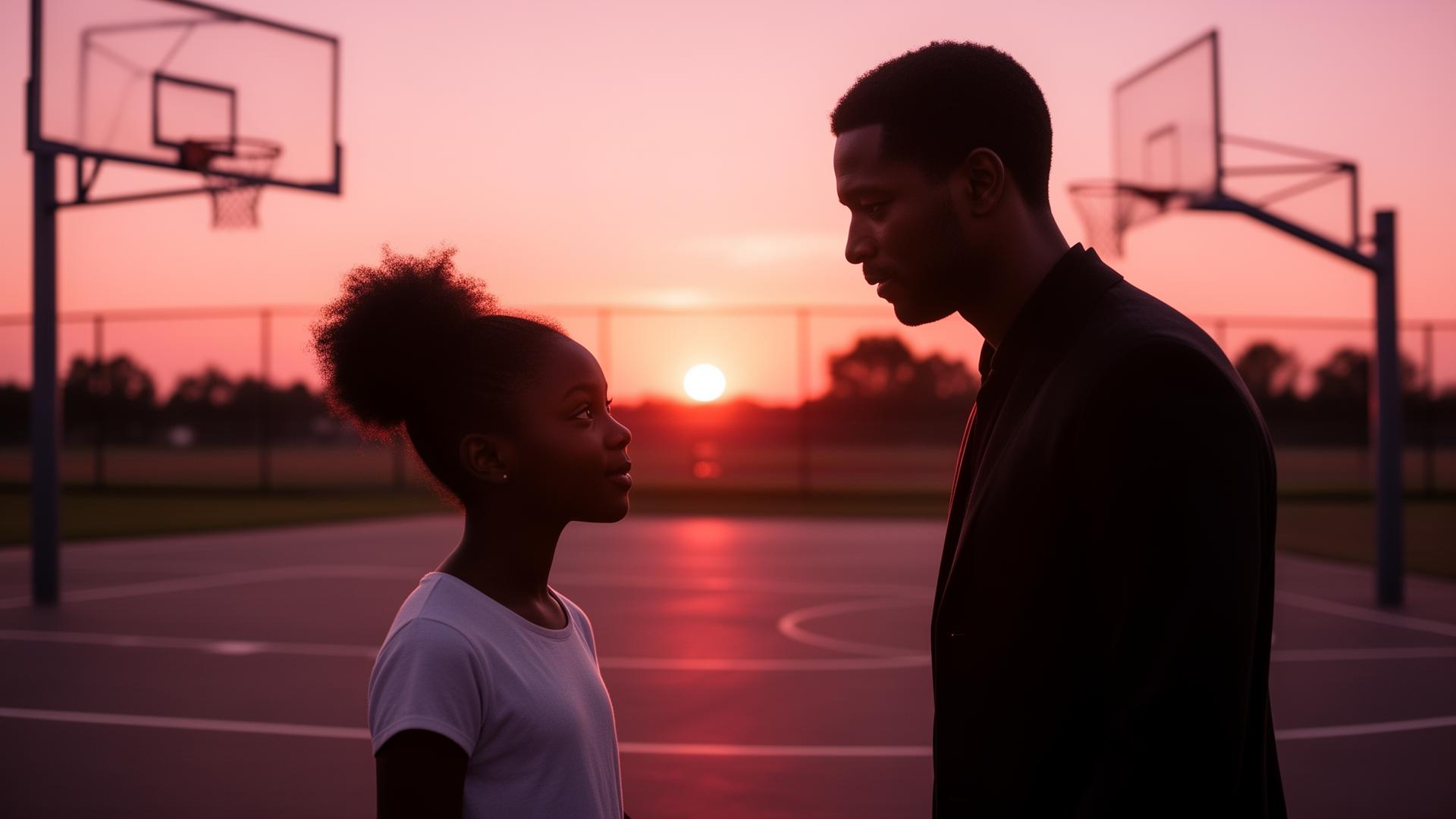 A mentor and young athlete at sunset on a basketball court